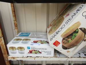 lot 25 image: qty 12 quilted crystal jelly jars 12-4 oz., 3 piece 10 inch bamboo steamer both NIB