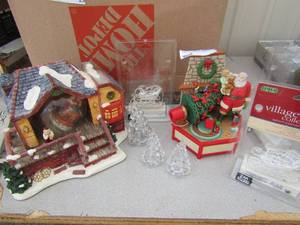 lot 30 image: Christmas snap globe house, singing Santa , clear glass Christmas trees in witch are stackable, Village lights NIB qty 3