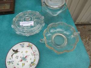 lot 35 image: 2 covered candy dishes, DBL handled bowl, Japanese butterfly bowl