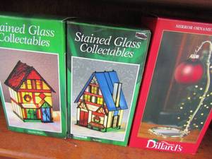 lot 38 image: 2 NIB stained glass light houses, Dillards single bulb hanger NIB