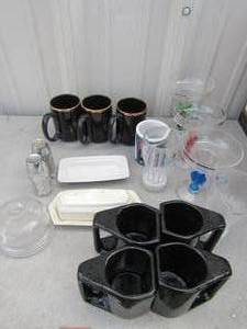lot 47 image: S&P shakers, coffee mugs, covered butter dishes, plastic martini drink cups