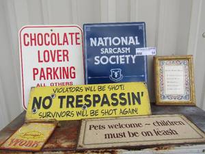lot 54 image: Metal garage signs with different phrases on them qty 3