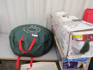 lot 57 image: Greenery to make wreaths in carry on bag, 3 ft watervine pine Christmas tree NIB, 4ft Pre lite Indiana spruce Christmas tree NIB