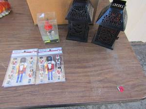lot 77 image: Metal pumpkin design candle holders qty 2, Pumkin bottle stopper NIP, 3 New packs of Christmas Noel stickers