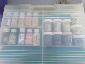 lot 81 image: Small mini paint box includes, various new and used paints such as, embossing power, commotion paint and more