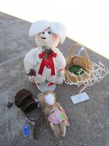lot 89 image: 2 ft white bunny on stand, various wicker baskets, paper mashed bunny