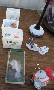 lot 93 image: 12 dcor light pole New, Linda Yankee doodle dandy bear dcor New, Millard Lister ducks and dad and child on ice dcor New, country cousins bear new, Village Jack O Lanterns qty 3 NIB