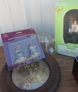 lot 94 image: Your word boxwood candle holder NIB, Santa workshop bench collection NIB, glass vase and glass lamp shade