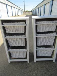 lot 103 image: 351815 white storage bends, each contain 3 drawers wicker style, could use some new paint qty 3, only 2 pictured