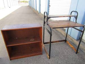 lot 104 image: 303011 brown wooden sturdy book shelf 2 tier, good condition,--- 363222 solid wood childrens 2 tier desk used condition
