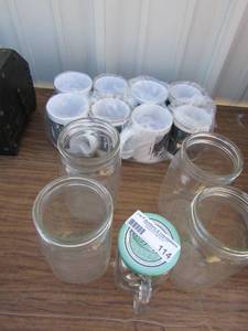 lot 114 image: 5 mason jars no lids, 8 New handled coffee mugs