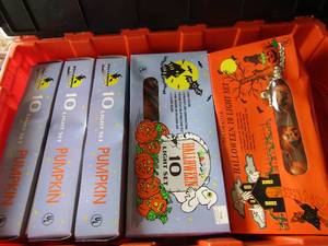 lot 19 image: Various packs of new boxed Halloween lights with jack o lanterns on the ends, plus other misc. dcor