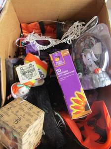 lot 117 image: small box of new and used Halloween dcor, black cats and lights