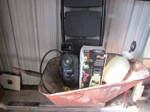lot 128 image: Black 3 step step stoole, wheel barrel, 2 gardenyard sprayers