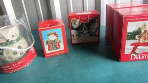 lot 153 image: Christmas lot of rennisance Santa stocking holder qty 2, Lenox star 2012 star, Santa candle holder, owl yankee candle sentsy warmer