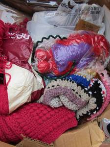 lot 156 image: Box of knitting and sewing items, patches, yarn, and much more