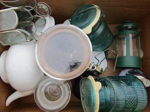 lot 158 image: canisters with lids, white tea pot with top, sugar dish and more