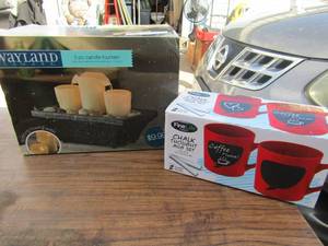 lot 160 image: Wayland 3 piece cadle foundation LED light stand NIB, Finelife chalk mug set NIB red in color