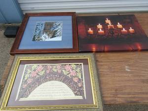 lot 213 image: Candle stand canvas painting nice, 1915, Love bears all framed art 2014, Deer and eagle framed art 1817