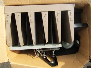 lot 220 image: Box of metal filing stands for desk top , whole punchers, metal book ends