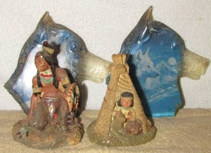 lot 12 image: Robin Koni moonlit run the spirit within collection wolf sculpture x 2, 4 14 inch Indian tee pee with Indian girl and dog inside, 5 inch Indian