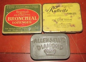 lot 16 image: Vintage Lozenges tin cans, one is Regesan, one is Allen & Ellis Diamond, Rutivite High blood pressure tin vintage