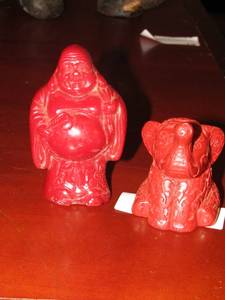 lot 18 image: Red clay baby elephant, 3 red buhda