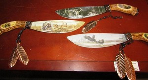 lot 20 image: Stainless wood handled dcor Indian and wolf knifes qty 3, beautiful items