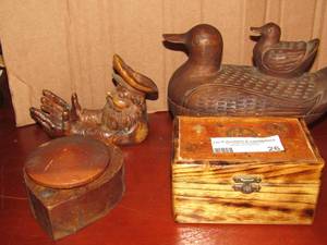 lot 26 image: Covered wooden duck, hand made mens ring box, and more
