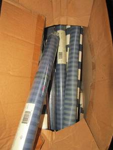 lot 37 image: Box of new rolls of vinal prepasted ready to paste wall paper, various colors, 56 sf per qty over 5 rolls