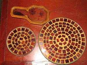 lot 45 image: stain glass pot holders qty 2, floral wooden spoon rest