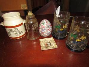 lot 41 image: 2 Corona beer mugs plastic, decorative egg, more home dcor