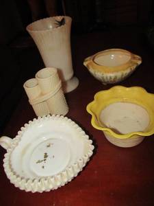 lot 50 image: Milk glass heart shape piece, white vase, various other vases