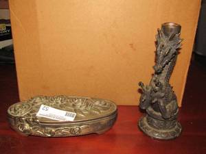 lot 52 image: brass 8 covered trinket box  - dragon candle stick holder