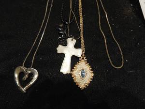 lot 230 image: 1 heart necklace, one abalone cross, one stone paved cherry pair, one pearl and blue stoner