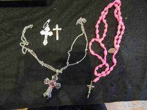 lot 184 image: 2 small crucifixes, one bejeweled cross on chain an crocheted rosary