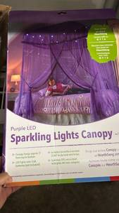 lot 102 image: HearthSong Sparkling Lights Canopy LED for Twin  Full  Queen beds Purple