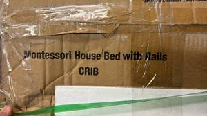 lot 204 image: Montessori House Bed w Rails Crib (in box)