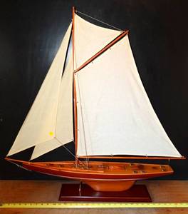 lot 2 image: AMAZING WOODEN SHIP WITH CANVAS SAILS AND HANDMADE DECK APPOINTMENTS - APPROX 35 WIDE $$$