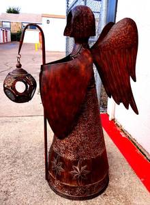 lot 1 image: LOVELY PAIR - ORNATE HANDMADE METAL HOLIDAY ANGELS WITH WINGS AND CANDLELIGHT HOLDER - ALMOST 4 FEET TALL (2X$)