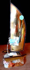 lot 130 image: BEAUTIFUL HAND SIGNED ARTIST MADE BRASS SAILBOAT ON ROCK PEDESTAL - 12 TALL