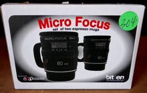 lot 304 image: NIB - Camera Lens Expresso Mugs Set Of 2 Micro Focus WLids By Bitten