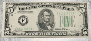 lot 40 image: 1934C Green Seal WIDE $5 Federal Reserve Note