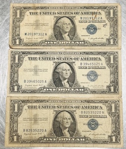 lot 43 image: Lot of 3 Series 1957A One Dollar Silver Certificates W Blue Seal