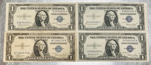 lot 45 image: Lot of 4 US $1 Silver Certificates 1935A, Two 1935E, 1935H W Blue Seal
