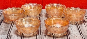 lot 7 image: Six 4-34 Fenton Marigold Carnival Glass Butterflies &amp Berries 3 Footed Bowls