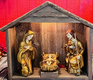 lot 23 image: Vintage Parma by AAI Nativity Scene With Lighted 15 Wooden Stable