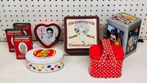 lot 88 image: Lot of 8 Vintage Tins - Including Prince Albert, Russell Drovers Elvis, Jelly Belly, &amp Hersheys Chocolate