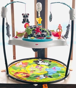lot 90 image: Gently Used Fisher Price Infant Bouncy Seat W Multiple Play Stations to Engage Interest &amp Colorful Floor Mat