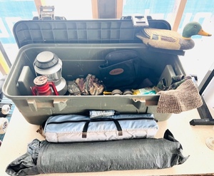 lot 95 image: Plano Waterproof Storing Container WCamping Equipment- Including Tents, Lanterns, Gloves, Masks, Flashlight, Rope, Drink Containers, &amp Duck Decoy